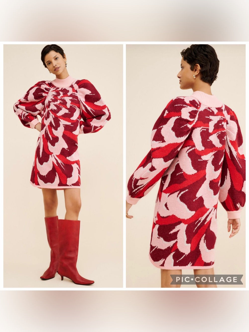 Medium farm Rio flower knit mini sweater dress pink red balloon sleeves